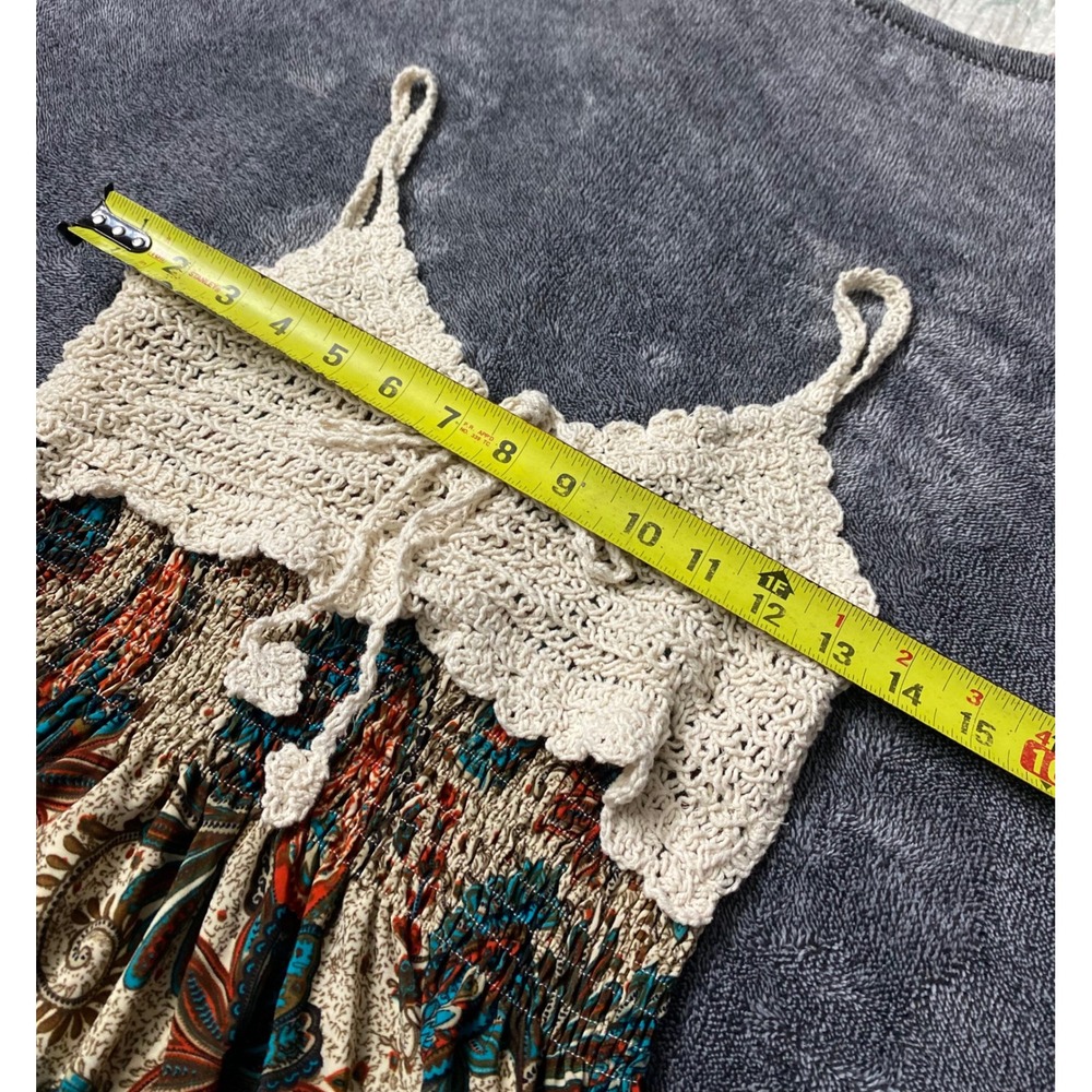 Boho Rustic Cottagecore Paisley Crochet Bodice Smocked Midi Summer Dress - Picture 7 of 7